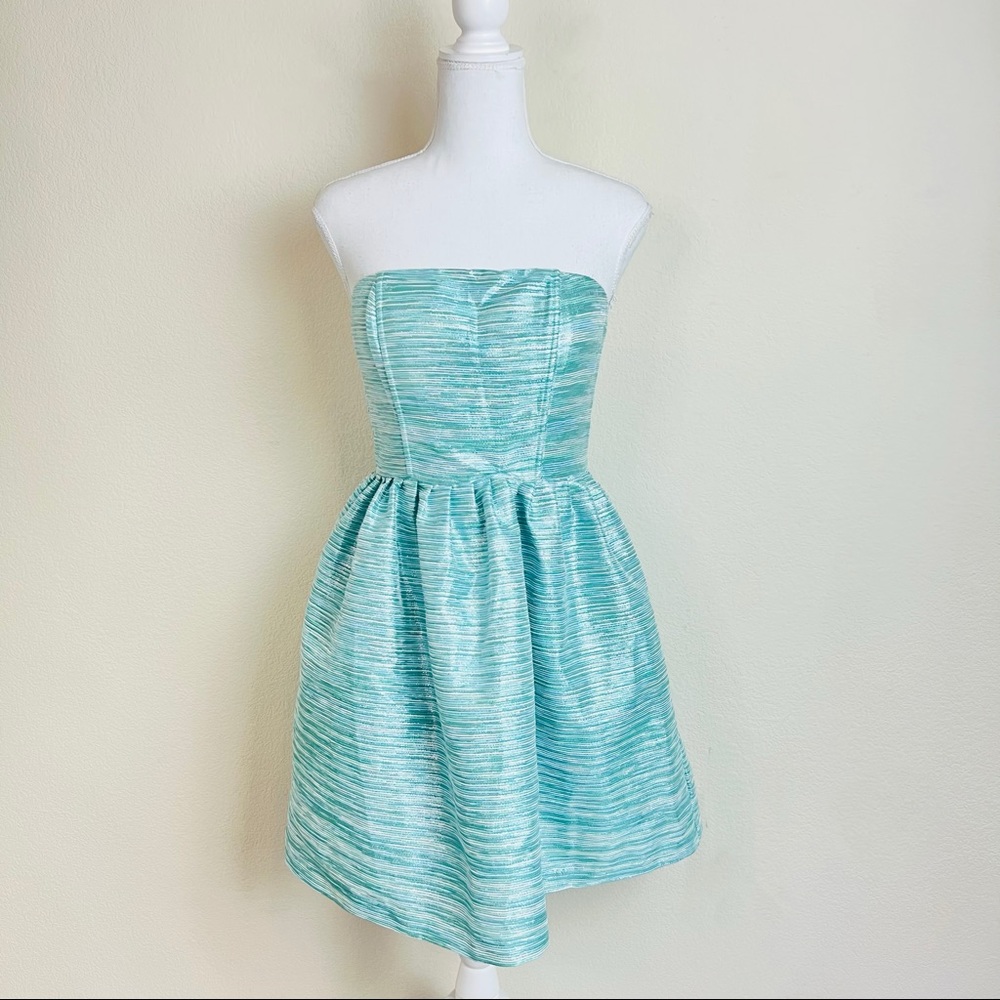 NWT Minuet Blue Teal Sparkle Tinsel Fit & Flare Strapless Mini Dress